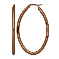 A pair of bronze-toned oval hoop earrings with a polished finish, shown from the front and side views.