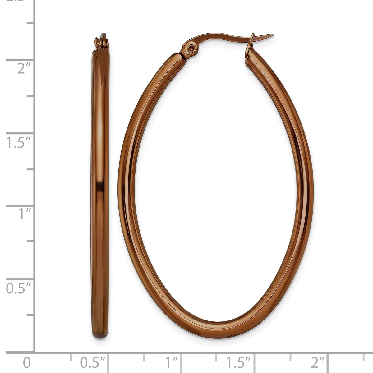 A pair of bronze-toned oval hoop earrings with a polished finish, shown front and side view against a measurement scale.