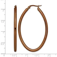 A pair of bronze-toned oval hoop earrings with a polished finish, shown front and side view against a measurement scale.
