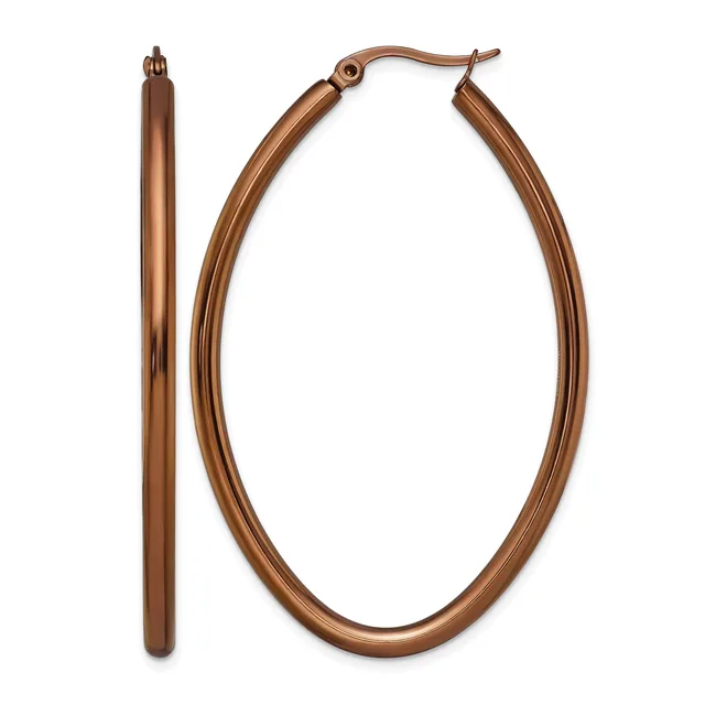 Pair of copper-colored oval hoop earrings with a polished finish, shown from the front and side views.