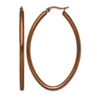 Pair of copper-colored oval hoop earrings with a polished finish, shown from the front and side views.