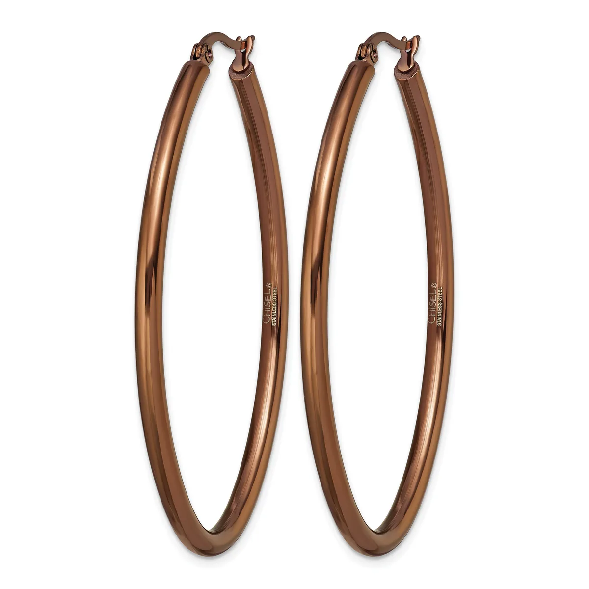 A pair of large oval bronze hoop earrings with a polished finish and hook closures, displayed against a white background.