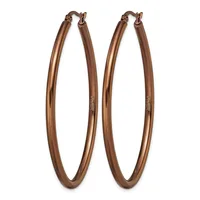 A pair of large oval bronze hoop earrings with a polished finish and hook closures, displayed against a white background.