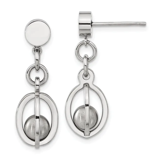 Pair of sterling silver dangle earrings with polished disc studs, chain links, and oval frames each containing a brushed silver sphere.