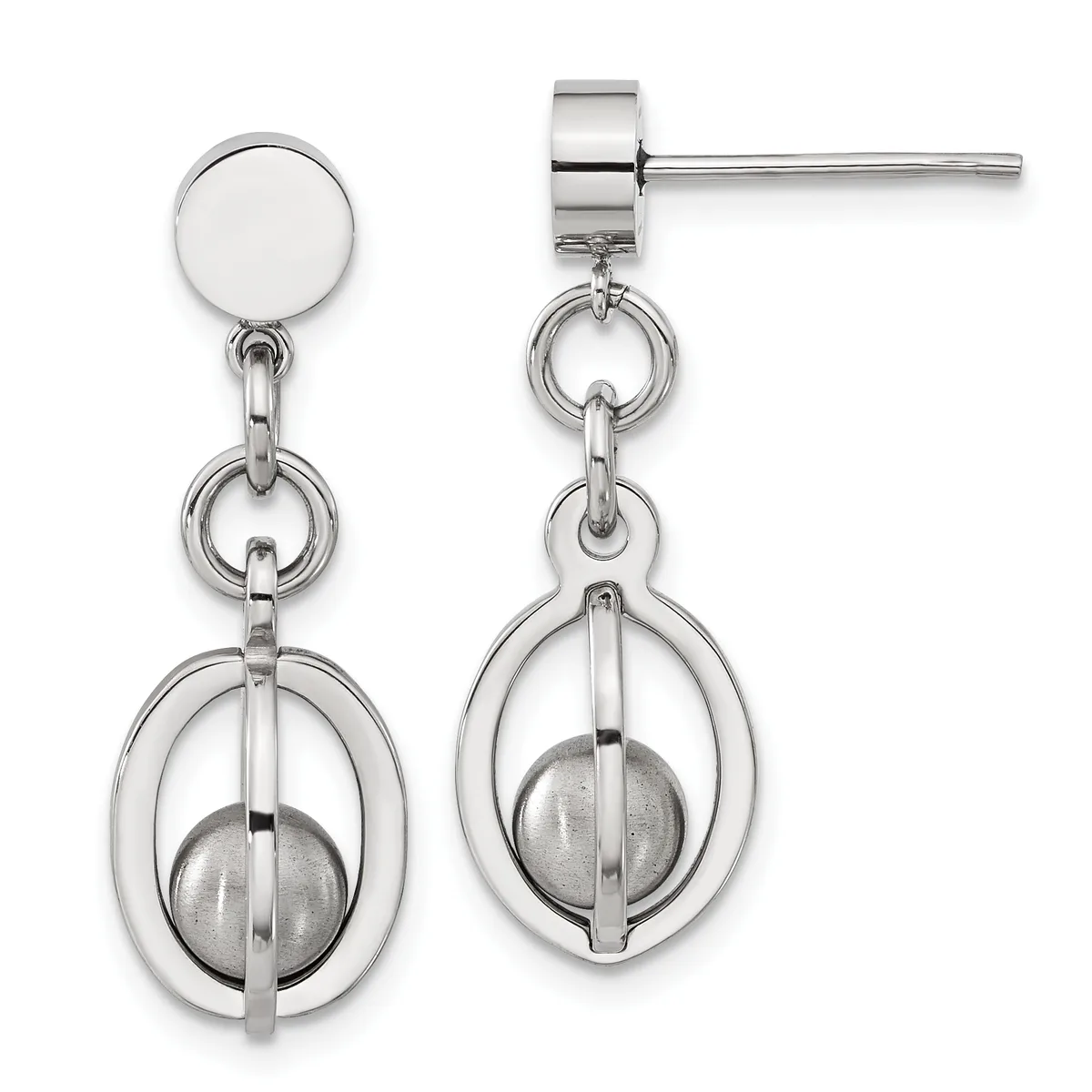 Pair of sterling silver dangle earrings with polished disc studs, chain links, and oval frames each containing a brushed silver sphere.