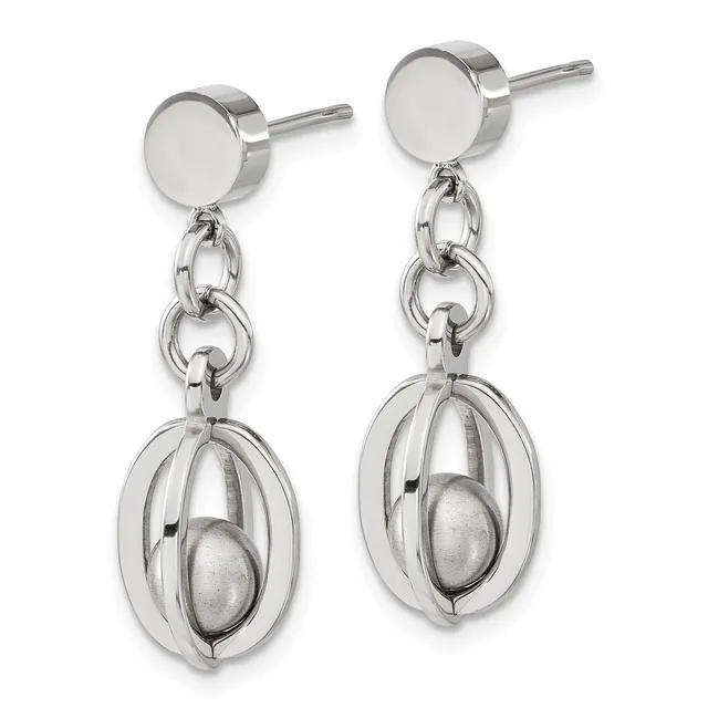 A pair of silver dangle earrings with flat circular posts connected by chain links to oval cage pendants containing movable spheres inside.