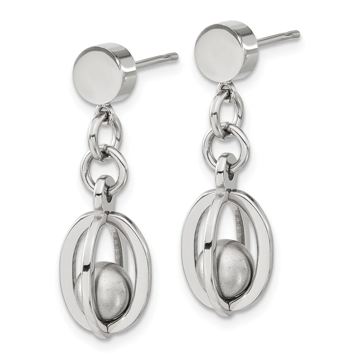 A pair of silver dangle earrings with flat circular posts connected by chain links to oval cage pendants containing movable spheres inside.