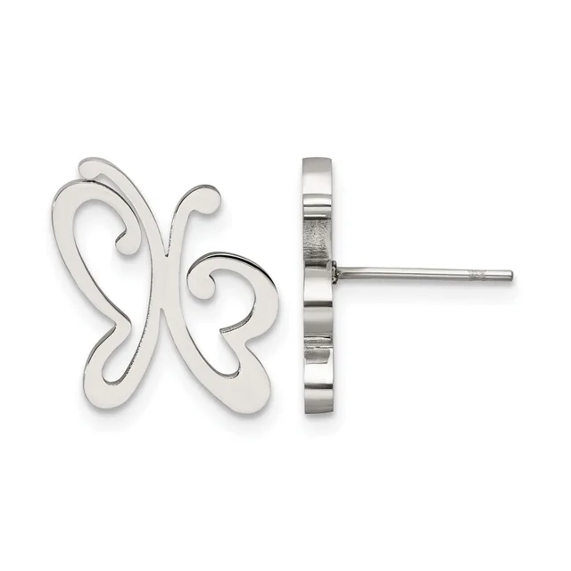 A pair of silver butterfly-shaped stud earrings shown from front and side views, displaying the decorative cutout design and post backs.