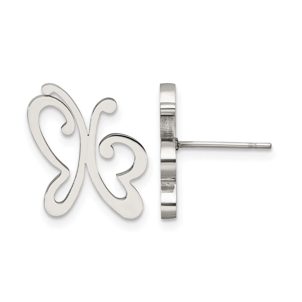 A pair of silver butterfly-shaped stud earrings shown from front and side views, displaying the decorative cutout design and post backs.