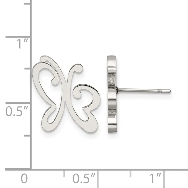 Pair of silver butterfly-shaped stud earrings shown front and side view with a measurement scale indicating approximately 0.75 inches in height.