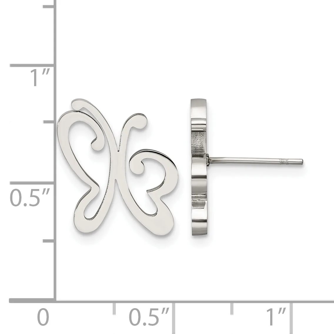 Pair of silver butterfly-shaped stud earrings shown front and side view with a measurement scale indicating approximately 0.75 inches in height.