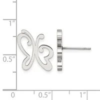 Pair of silver butterfly-shaped stud earrings shown front and side view with a measurement scale indicating approximately 0.75 inches in height.