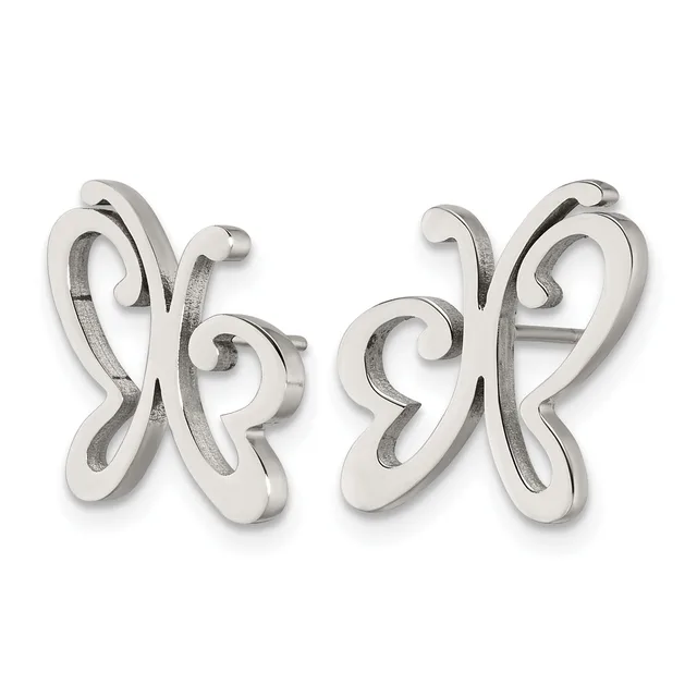 A pair of silver butterfly-shaped earrings with open cutout designs and curved, scrolled wings, shown from the front against a white background.