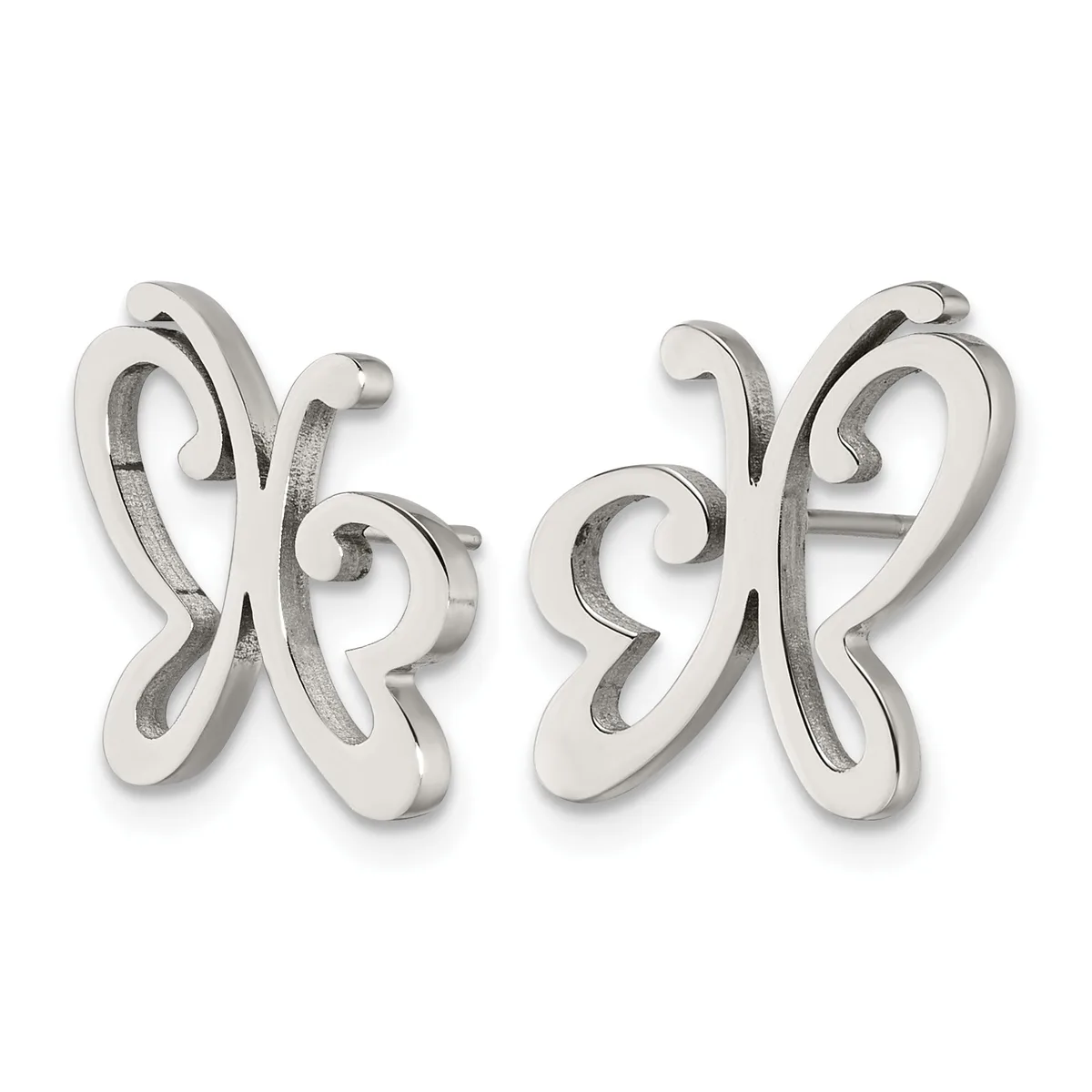 A pair of silver butterfly-shaped earrings with open cutout designs and curved, scrolled wings, shown from the front against a white background.