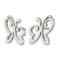 A pair of silver butterfly-shaped earrings with open cutout designs and curved, scrolled wings, shown from the front against a white background.