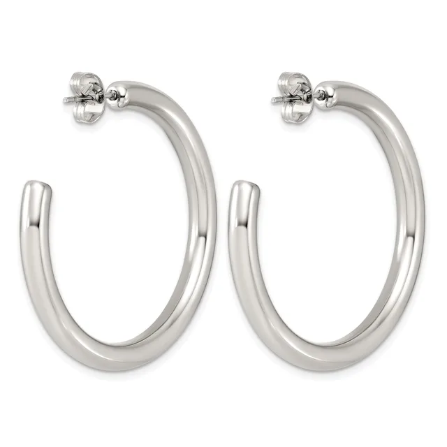 A pair of polished silver hoop earrings with post and clutch backings, displayed against a white background.