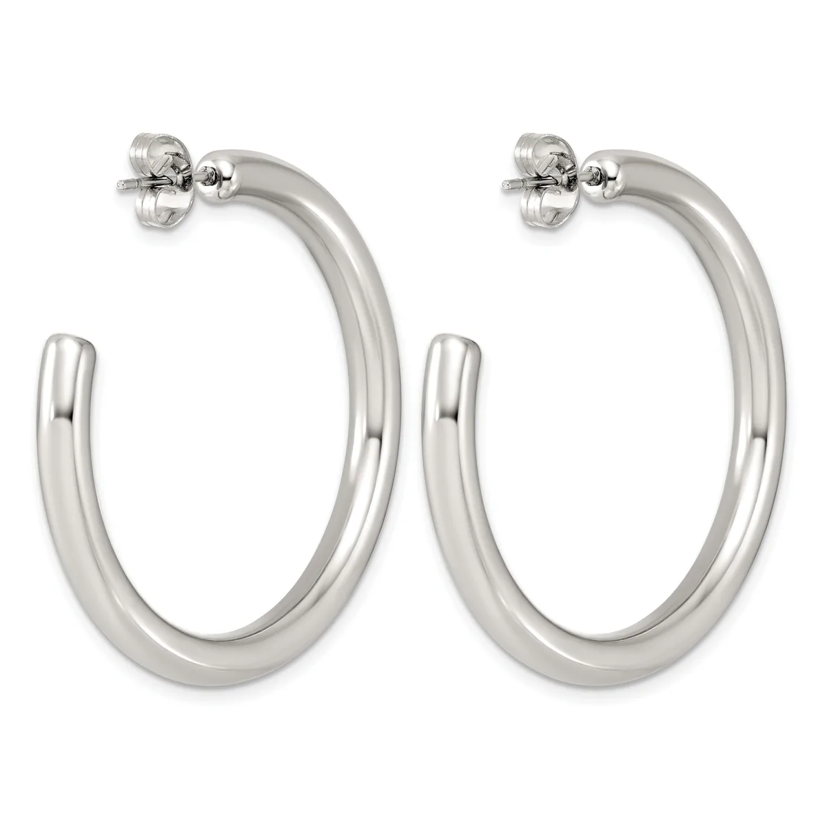 A pair of polished silver hoop earrings with post and clutch backings, displayed against a white background.
