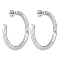 A pair of polished silver hoop earrings with post and clutch backings, displayed against a white background.