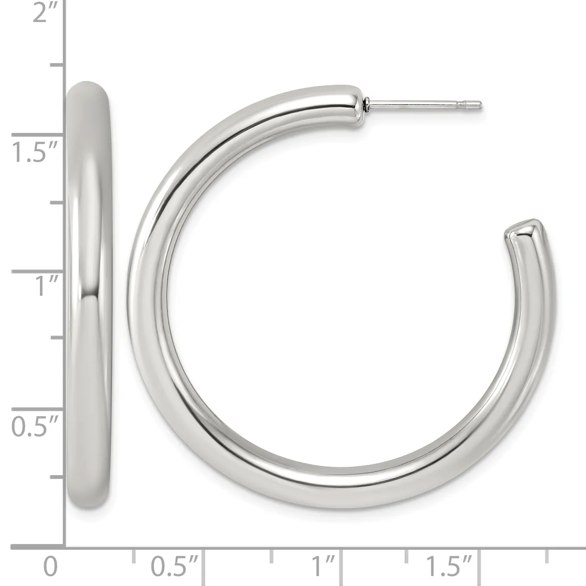 A pair of silver-toned hoop earrings with posts, shown front and side view against a measurement scale indicating approximately 1.5 inches in diameter.
