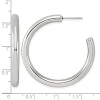 A pair of silver-toned hoop earrings with posts, shown front and side view against a measurement scale indicating approximately 1.5 inches in diameter.