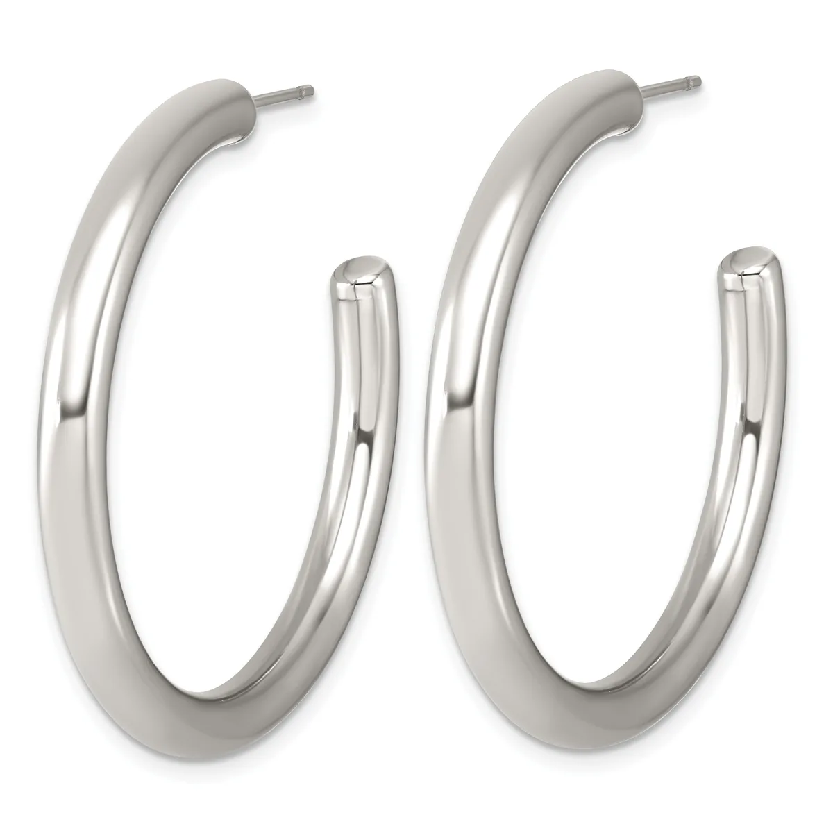 A pair of polished silver-toned hoop earrings with a smooth, curved oval shape and post backs, shown from the front.