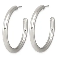 A pair of polished silver-toned hoop earrings with a smooth, curved oval shape and post backs, shown from the front.