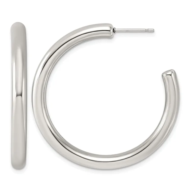 A pair of polished silver-toned hoop earrings with a chunky, rounded profile shown from the front and side view.