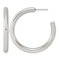 A pair of polished silver-toned hoop earrings with a chunky, rounded profile shown from the front and side view.