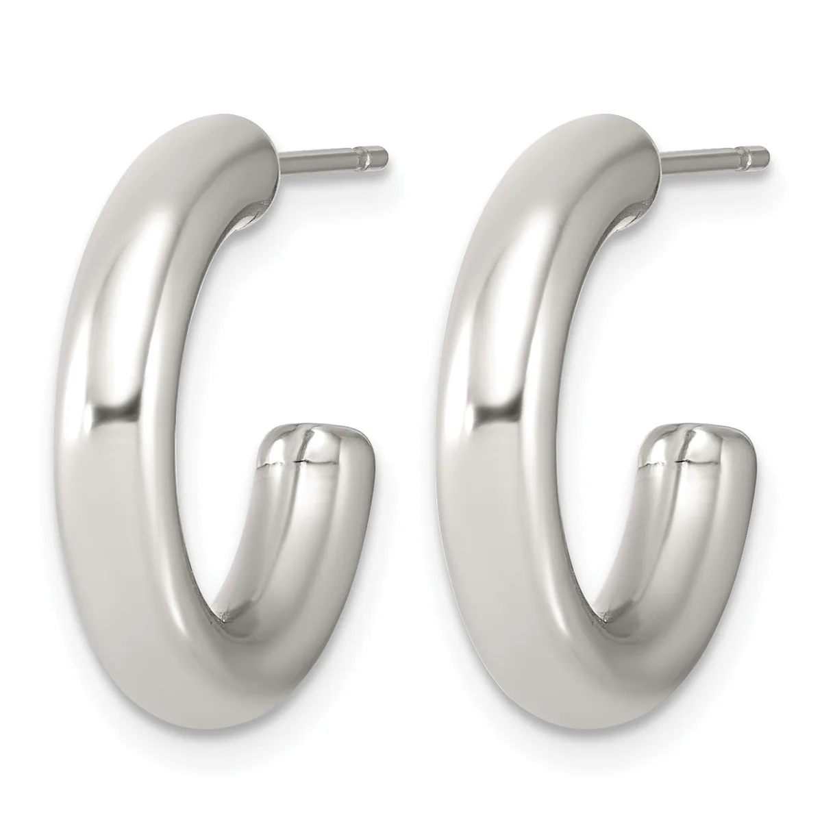 A pair of polished silver-tone chunky hoop earrings with post and clutch backs, displayed side by side.