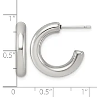 A pair of polished silver-toned chunky hoop earrings with posts and backs, shown next to a measurement scale indicating approximately one inch in height and half inch in width.