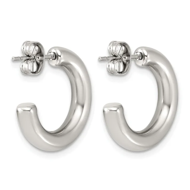 A pair of polished silver-toned chunky curved hoop earrings with post and butterfly back closures, displayed side by side against a white background.