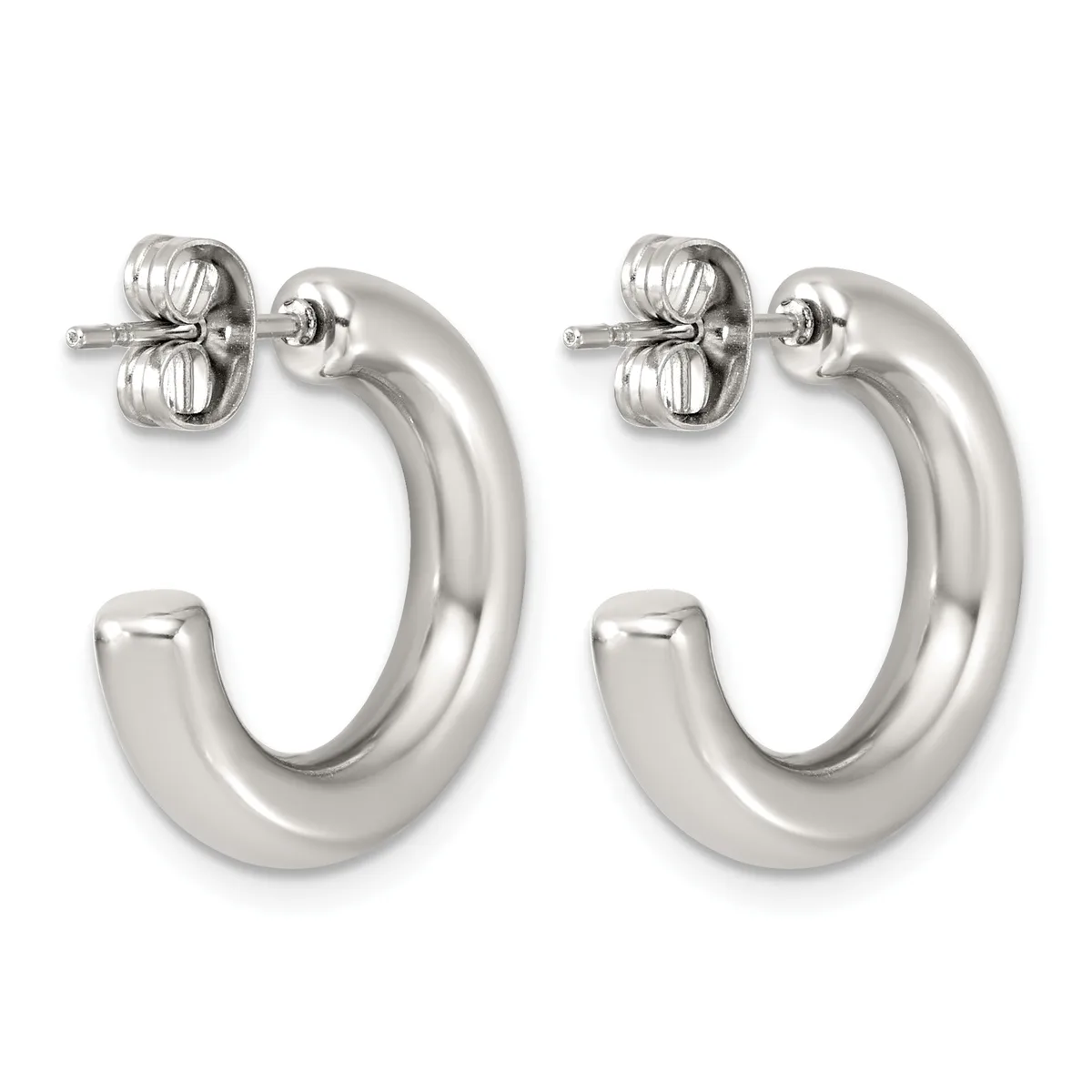 A pair of polished silver-toned chunky curved hoop earrings with post and butterfly back closures, displayed side by side against a white background.
