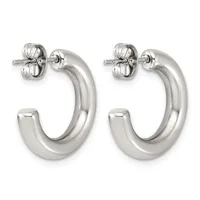 A pair of polished silver-toned chunky curved hoop earrings with post and butterfly back closures, displayed side by side against a white background.