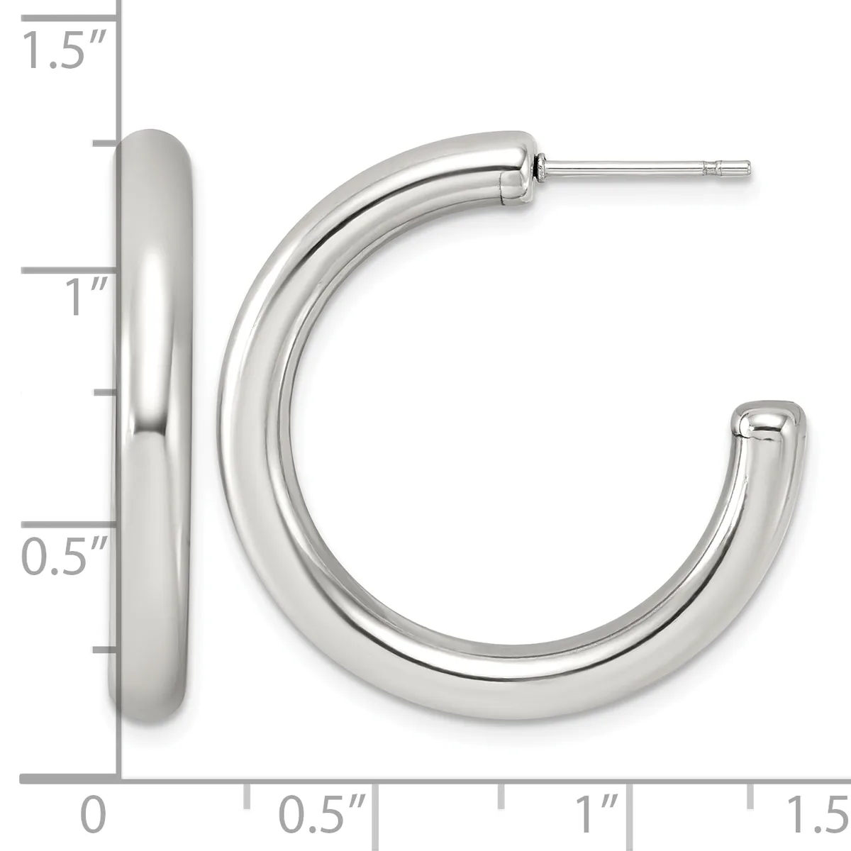 A pair of polished silver-toned chunky hoop earrings with a measurement scale showing dimensions up to 1.5 inches.