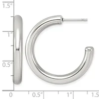 A pair of polished silver-toned chunky hoop earrings with a measurement scale showing dimensions up to 1.5 inches.