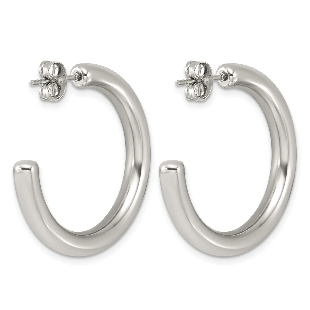 A pair of polished silver hoop earrings with post and butterfly back closures, displayed against a white background.