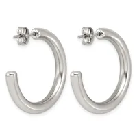 A pair of polished silver hoop earrings with post and butterfly back closures, displayed against a white background.
