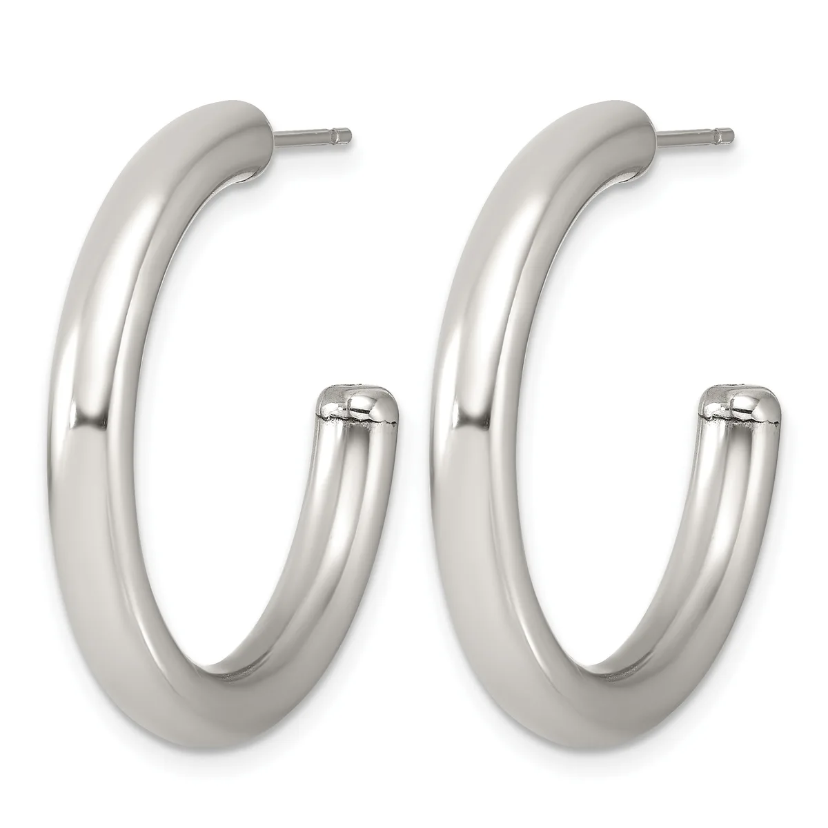 A pair of polished silver hoop earrings with a smooth, curved tubular design and post-and-clutch closures.
