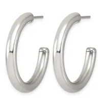 A pair of polished silver hoop earrings with a smooth, curved tubular design and post-and-clutch closures.