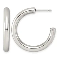 Pair of polished silver-tone chunky hoop earrings with post and clutch backs, shown from front and side views.