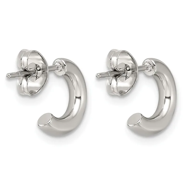 A pair of polished silver hoop earrings with curved tubular forms and small stud posts with butterfly backings.