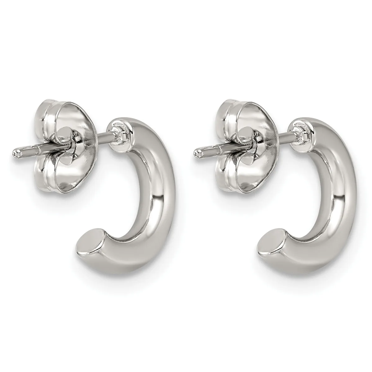 A pair of polished silver hoop earrings with curved tubular forms and small stud posts with butterfly backings.
