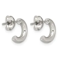 A pair of polished silver hoop earrings with curved tubular forms and small stud posts with butterfly backings.