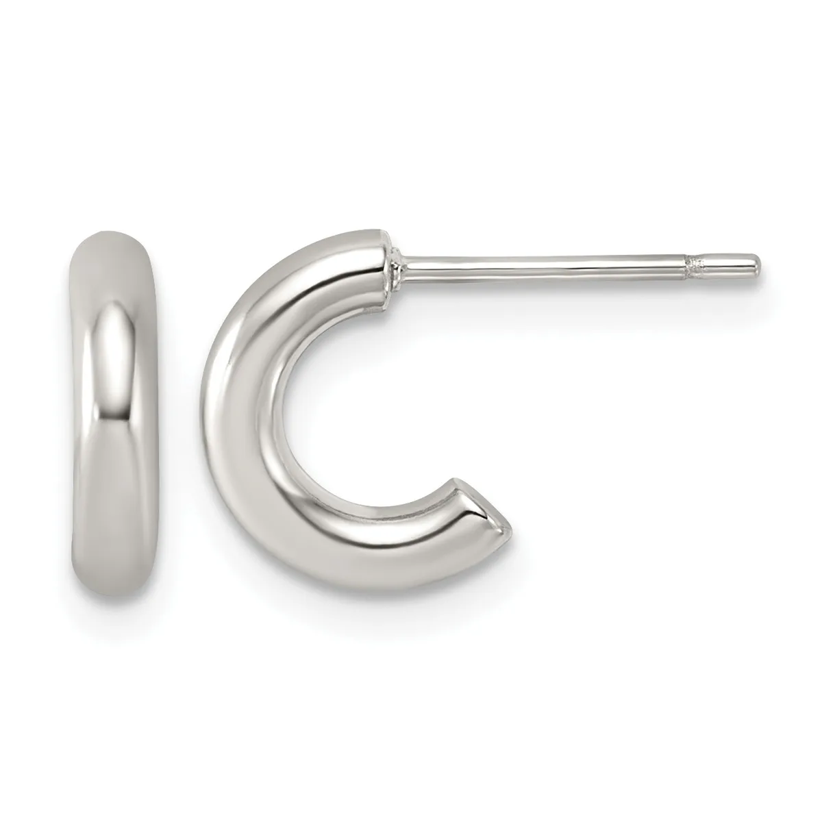 Pair of polished silver hoop earrings with a chunky curved tubular design, shown from front and side views.