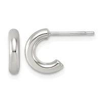 Pair of polished silver hoop earrings with a chunky curved tubular design, shown from front and side views.