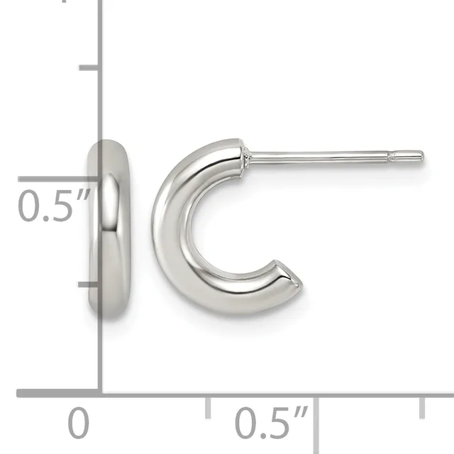 Silver-toned polished chunky curved hoop earrings shown from front and side view with measurement scale indicating 0.5 inch thickness and diameter.
