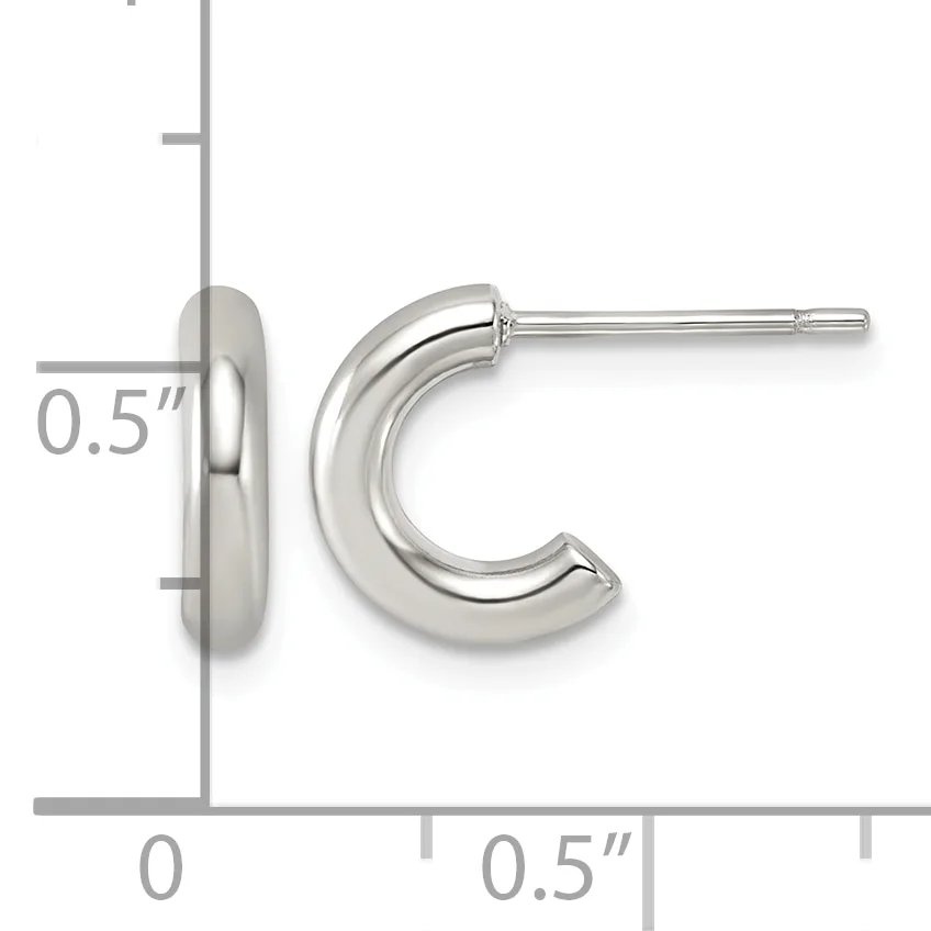 Silver-toned polished chunky curved hoop earrings shown from front and side view with measurement scale indicating 0.5 inch thickness and diameter.