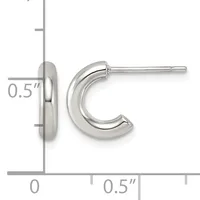 Silver-toned polished chunky curved hoop earrings shown from front and side view with measurement scale indicating 0.5 inch thickness and diameter.