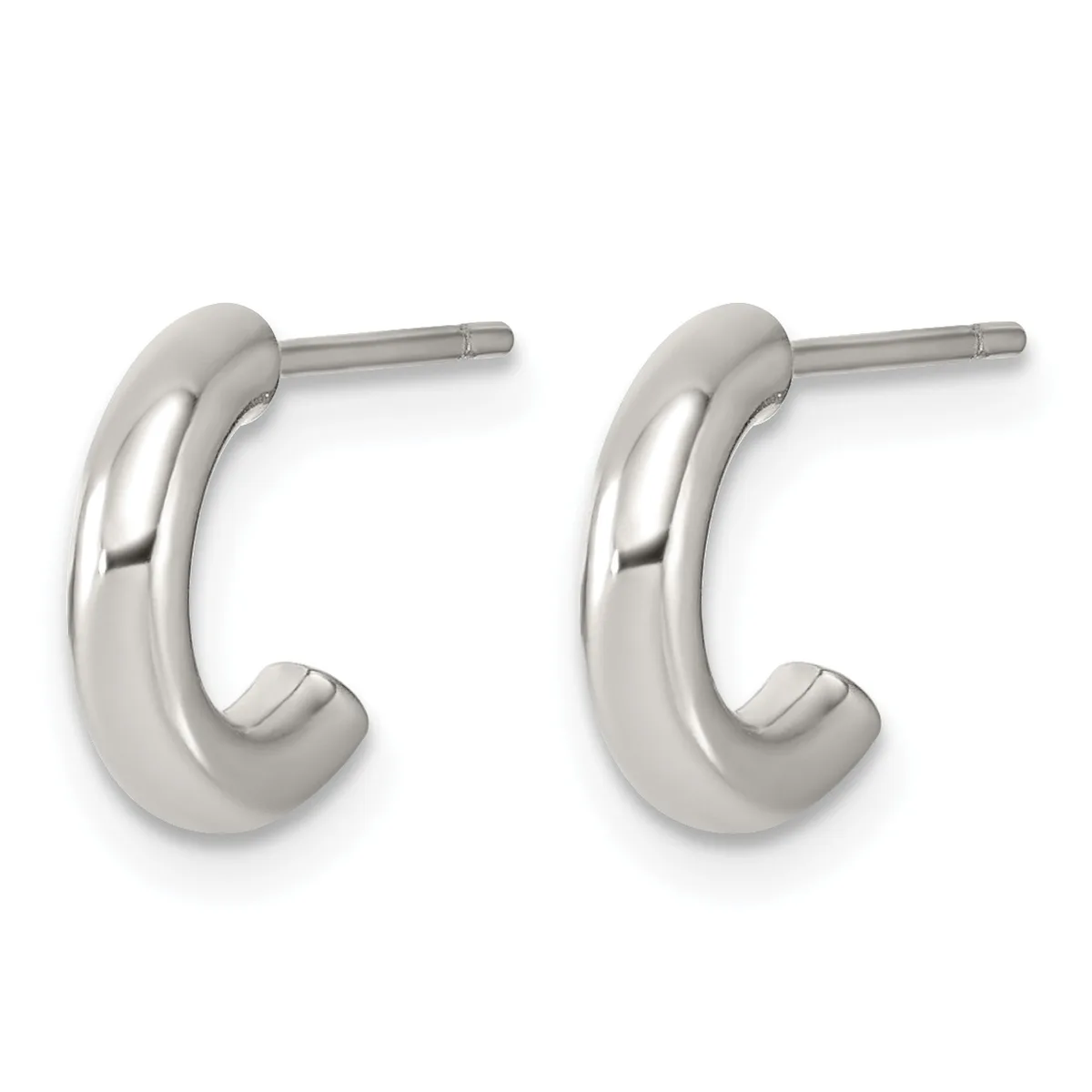 A pair of polished silver-toned chunky curved hoop earrings with post and back closures, displayed against a white background.