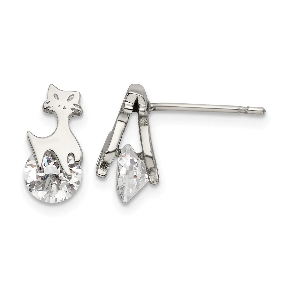 A pair of silver cat-shaped stud earrings with clear round cubic zirconia stones set in the lower portion, shown from front and back views.
